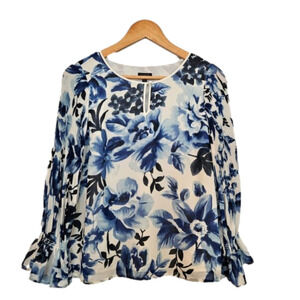 TALBOTS Blue and White Floral Long Sleeve Blouse Pleated Sleeves, Size Small